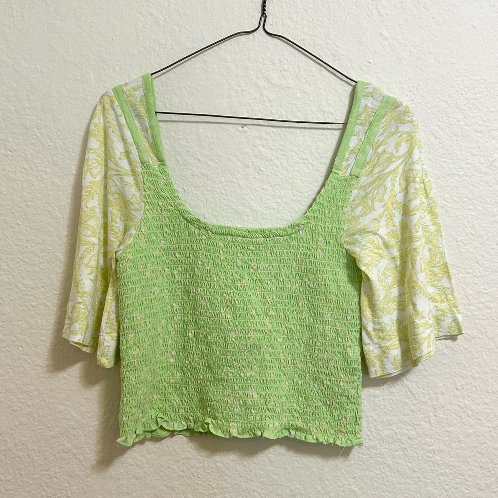 NWOT Free People Marigold Mix Print Smocked Short Sleeve Top in Key Lime Combo